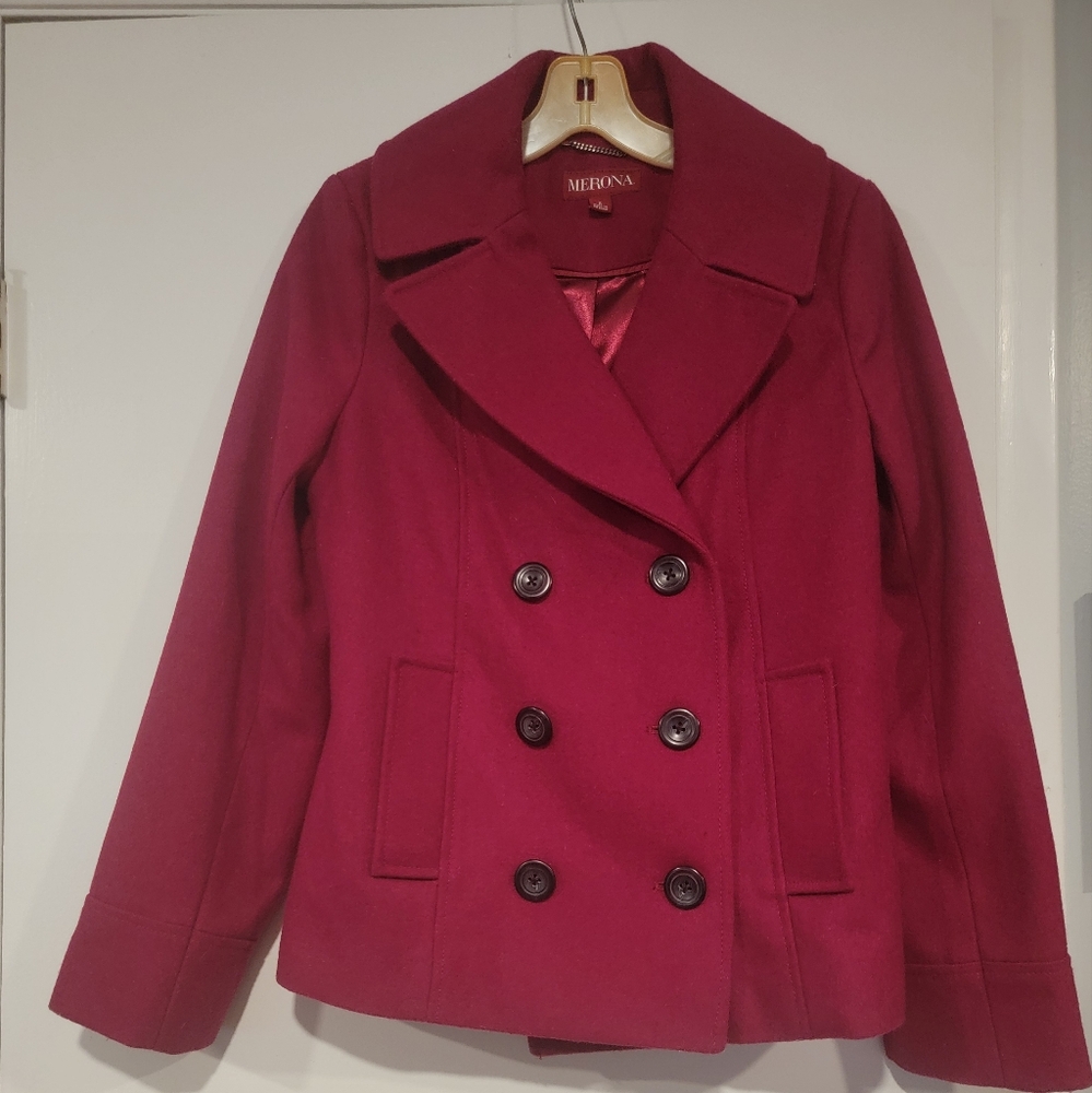 Merona Womens Wool Pea Coat M Double Breasted Magenta 738A